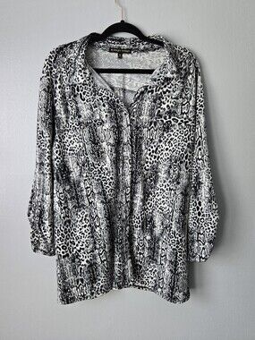 Always Indigo Snakeskin Leopard Blouse Size 3X Split Neck Tab Sleeve Top